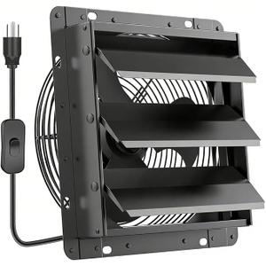 HG Power 10 Inch Shutter Exhaust Fan, 647CFM Quiet Garage Exhaust Fan with 8 Foot Long ON/OFF Switch Cable for Chicken Coop, Shed, Basement, Gable, Kitchen, Attic Ventilation Use, Black