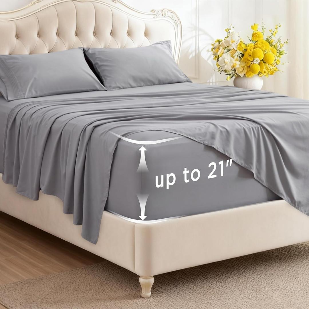 Bedsure Deep Pocket Full Size Bed Sheets Set - Fits Mattresses Up to 21 Inches Thick - 4 Piece GentleSoft Bed Sheets, Moisture Wicking, Cooling Bedsheet & Pillowcases, Easy & Secure Fit, Light Grey