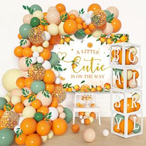 154PCS Little Cutie Baby Shower Decorations,Orange Balloon Garland Arch Kit with A Little Cutie is on the Way Backdrop,Baby Balloon Boxes with Letters for Orange Baby Shower Decor,Fruit 1st Birthday