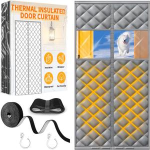 Upgraded Magnetic Thermal Insulated Door Curtain with Perspective Window, Weatherproof Oxford Cloth Filled with Cotton, Fit for Door Size 36" x 80", Doorway Curtains Size 39" x 82" Grey (Grey and Clear)