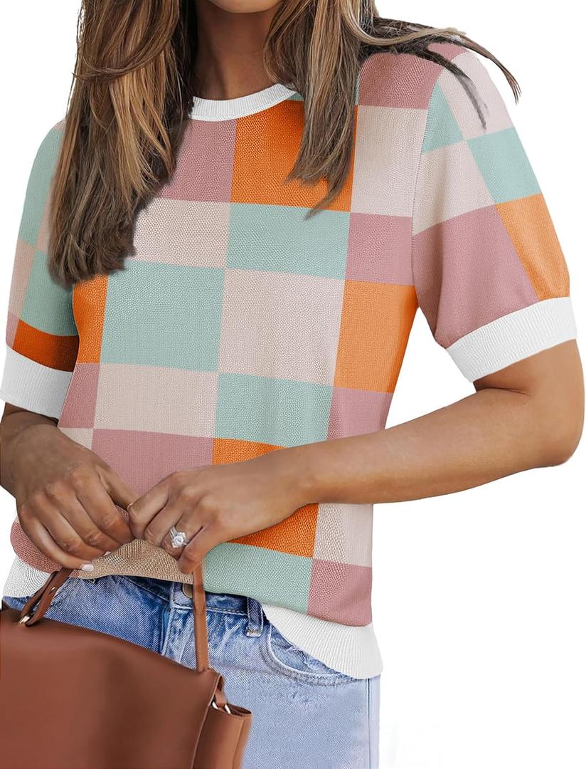 Zeagoo Women Short Sleeve Sweater Summer Crew Neck Dressy Casual Soft Knit Pullover Tops Trendy (Medium, Pink)