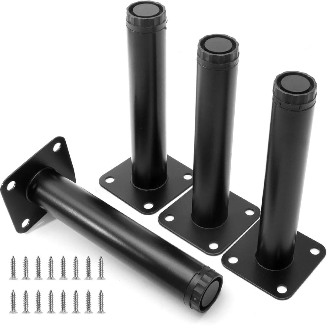 6 Inch Adjustable Furniture Legs Set of 4, Metal Cabinet Legs 1" Dia Cold Rolled Steel Round Furniture Support Feet for Kitchen Shelves Coffee Table Couch (Black) (5.9 Inch)