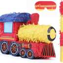 3D Train Pinata Bundle with a Blindfold and Bat (16x10.6x6.7 Inches), Train Pinata for Boys Birthday Party Supplies, Perfect for Birthday Party, Train Theme Party, Decoration