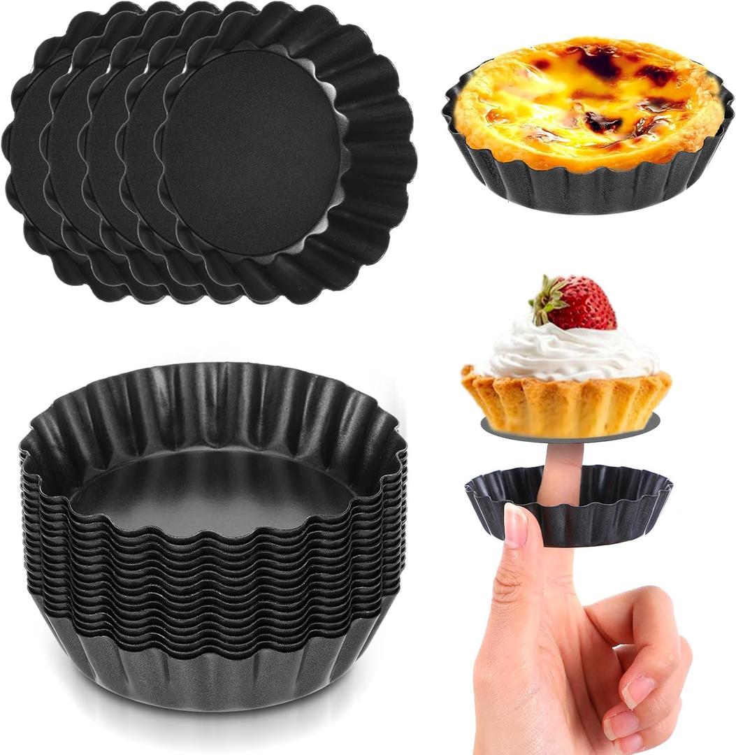 16 Pcs Mini Tart Pans Egg Tart Molds with Removable Bottom Round Nonstick Quiche Pan Mini Pie Pans Small Bakeware Mold Fluted Side for Mousse Cake Dessert Baking (3 Inch, Dark Gray)