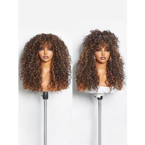 GORGIUS Highlight Brown Curly Wig with Bangs Glueless Synthetic Bang Wigs with Realistic Scalp Put On ang Go Beginner Friendly 20 Inch (#M427 Brown Highlights | Shaggy Curls)