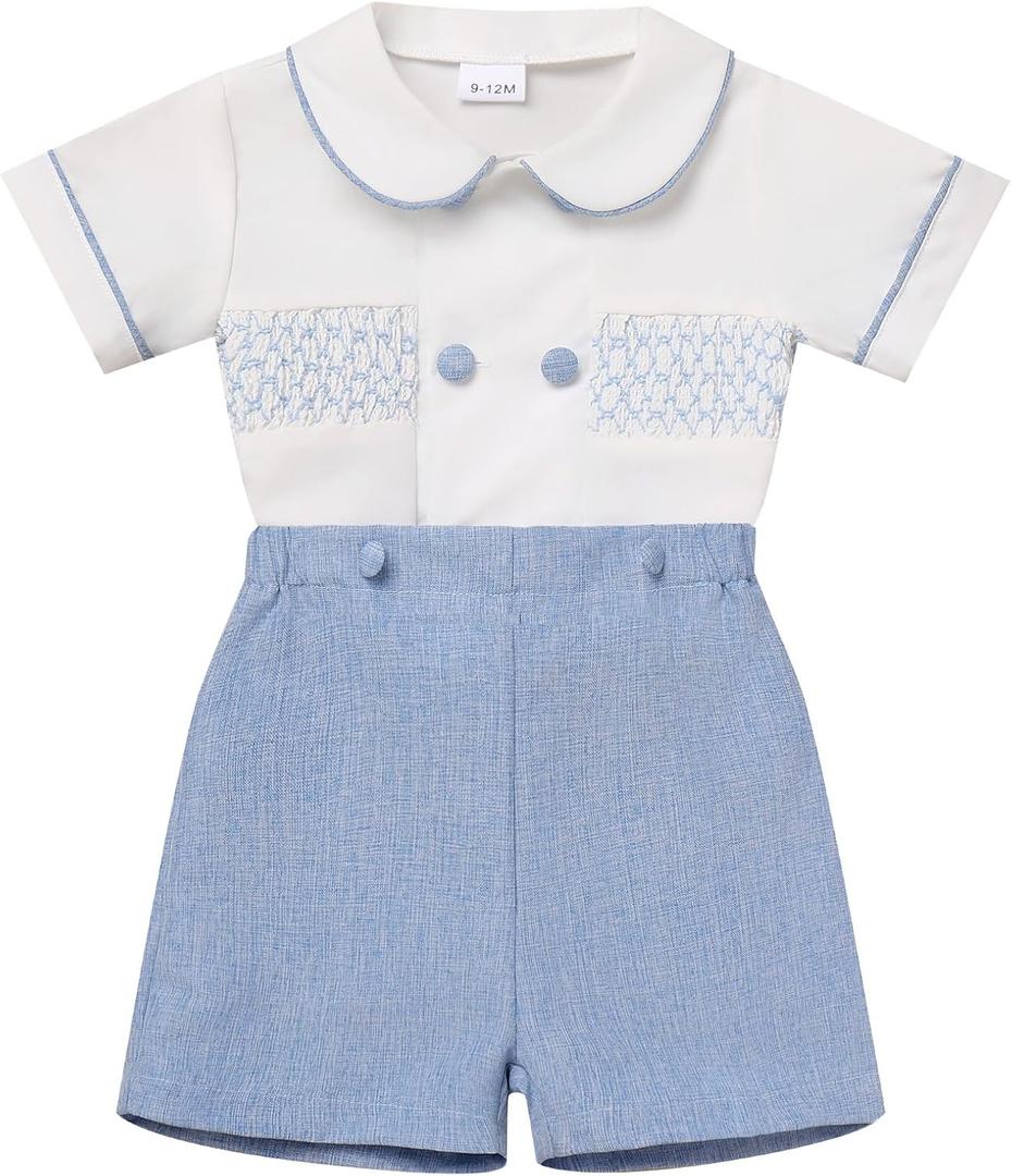 ODASDO Baby Boy Smocked Outfit Toddler Kids Short Sleeve Shirt and Shorts Set for Birthday Party Cake Smash Wedding Baptism, Size: 3T