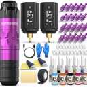 Wormhole Tattoo Gun Tattoo Kit with Wireless Tattoo Machine, 2PCS 1,200mAh Capacity Tattoo Batteries, 20 Cartridge Needles with Finger Ledge, Ink Color Set for Artists-Purple