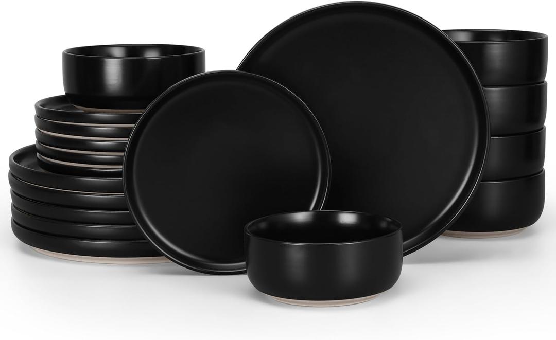 HaWare Stoneware Dinnerware Sets, 18-Piece Plates and Bowls Set for 6, Dishes Set for Home Restaurant, Matte Black