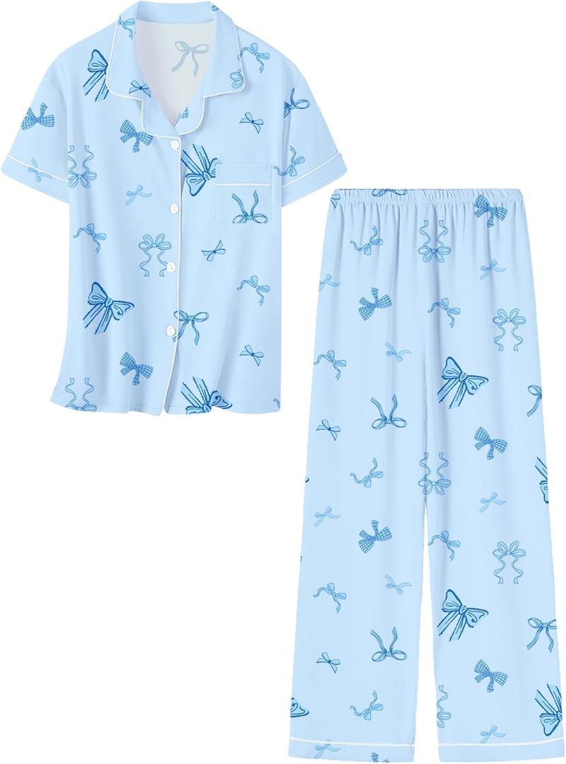 Umeyda Girls Pajamas Set Button Down Notch Collar Soft Short Sleeve Pjs Set with Long Pant Set Lounge Set (11-12 Years, A Blue Bow Tie)