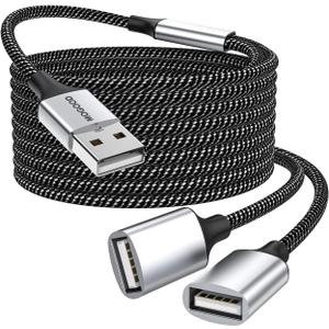 USB Extension Cable,USB A Male to 2 Female Extension Cord Durable USB Splitter Cable Nylon Braided Fast Data Transfer Compatible with Printer, USB Keyboard, Flash Drive, Hard Drive, PlayStation (3.28Ft/1M, Silver)