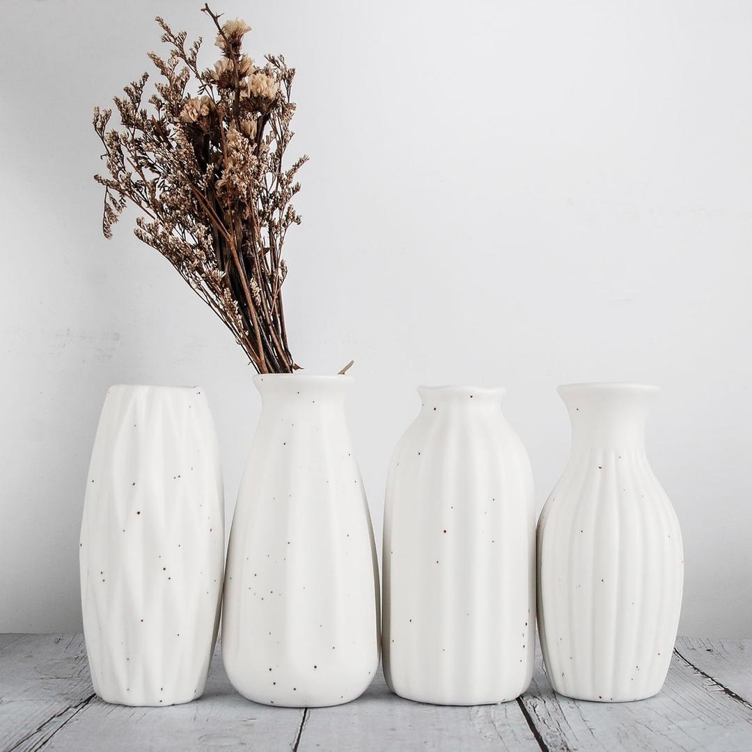 Set of 4 Small White Ceramic Vases Table Flower Vase Modern Decorative Vases for Pampas Grass, Small Vase for Home Living Room Dining Table Farmhouse Office Decor-4.9inch High