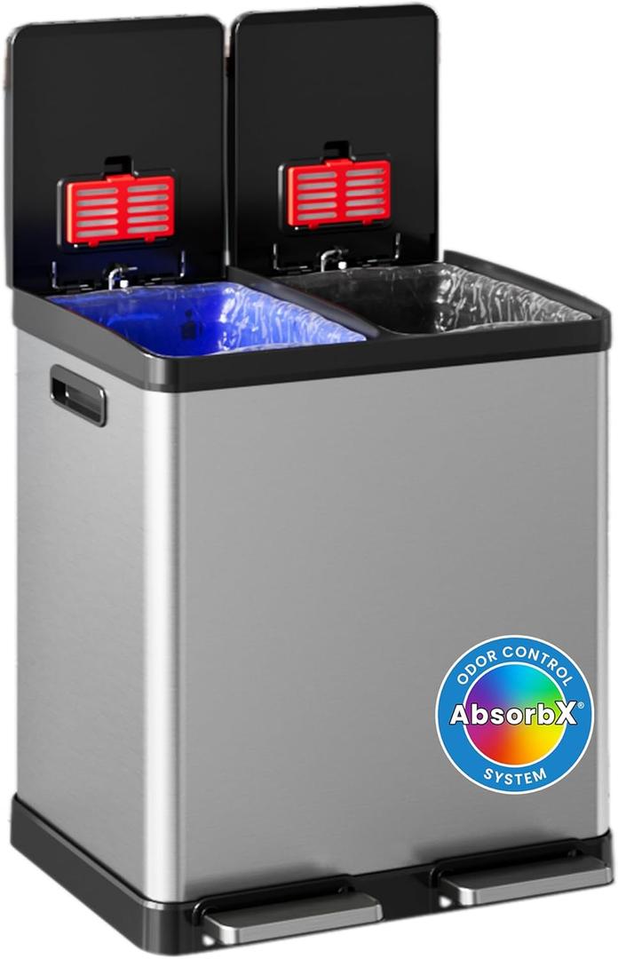 iTouchless 16 Gallon / 60 L Stainless Steel Kitchen Trash Can, Dual Compartment Recycling Bin, Soft-Close Lids, Odor Filter, Hands-Free Step, 2 x 8-Gal Color-Coded Removable Buckets, Smudge-Resistant