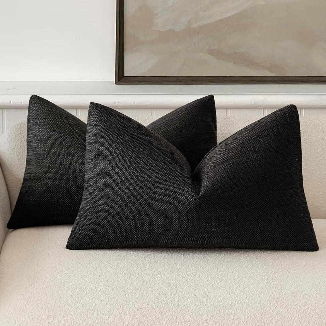 Foindtower Set of 2 Decorative Textured Burlap Linen Throw Pillow Covers Farmhouse Boho Lumbar Cushion Cover Solid Accent Pillowcase for Couch Sofa Bed Living Room Home Decor,1220 Inch,Black