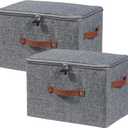 2PCS Storage Bins Boxes with Zipper Lid Combination Lock PU Leather Handles Cotton Linen Fabric Lidded Lockable Baskets Foldable Washable Closet Shelf Organizer Container (Gray, Large)