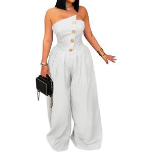 SHINFY Women Summer Strapless Wide Leg Jumpsuits Loose Casual Off Shoulder Tube Top Sexy One Piece Romper (Large, White)