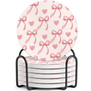 6Pcs Ceramic Coasters with Holder, Absorbent Drink Coasters, Coffee Cup Coaster,Round Ceramic Table Coasters Set Decorative Pink Bow