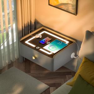 Floating Nightstand with Charging Station Bedside Table LED Smart Bedside Table Wall Mounted Nightstand Grey