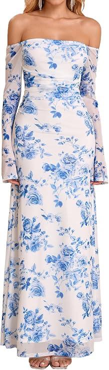 Women Fall Long Sleeve Floral Bodycon Maxi Dress Sexy Off Shoulder Ruched Wedding Guest Formal Party Long Dresses L
