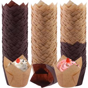 Aodaer 240 Pieces Mini Tulip Baking Cups Muffin Liners Cupcake Cases Baking Cup Holders for Wedding, Birthday, Baby Shower, Brown, Natural (1.38 Inches)