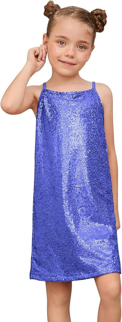 Perfashion Girls Sequin Dress Adjustable Spaghetti Strap Pencil Cami Midi Bodycon Dress Sparkly Party 6-15Y (Blue)