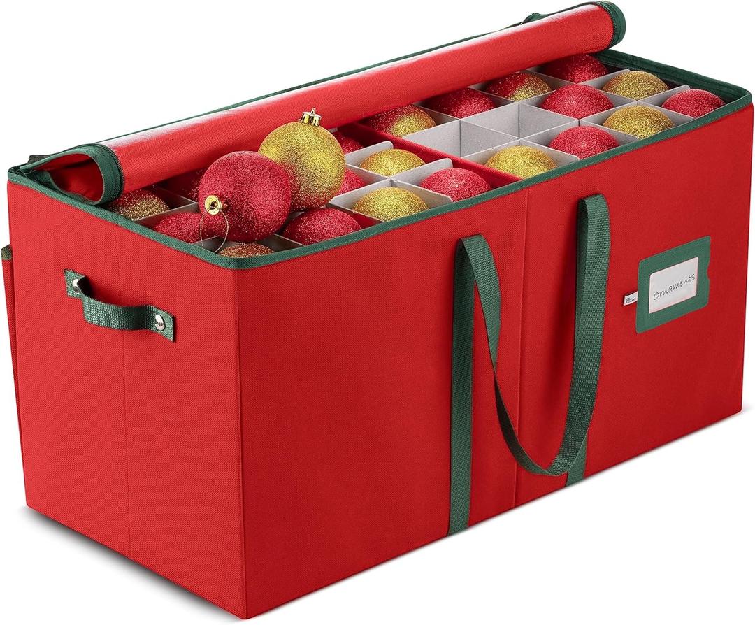 ZOBER Large Christmas Ornament Storage Box - Stores 128 3" Ornaments, With Dividers - Ornament Organizer Storage Box, Durable Christmas Containers Holder - Extra Pockets, Dual Zipper - Red