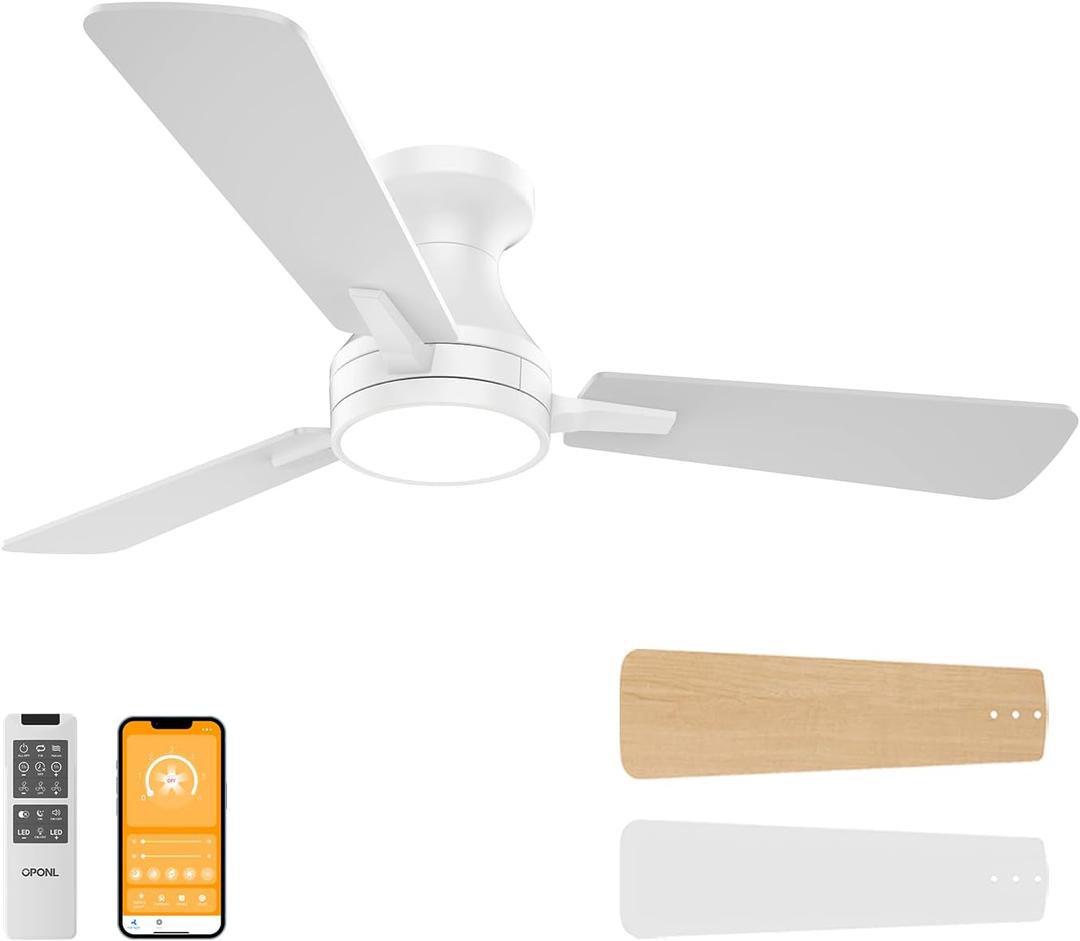42 Inch Ceiling Fans with Light, Low Profile White Ceiling Fan with Light, Remote Control, Flush Mount, Reversible, 6CCT, Dimmable, Noiseless, Modern Ceiling Fan for Bedroom, Indoor/Outdoor Use