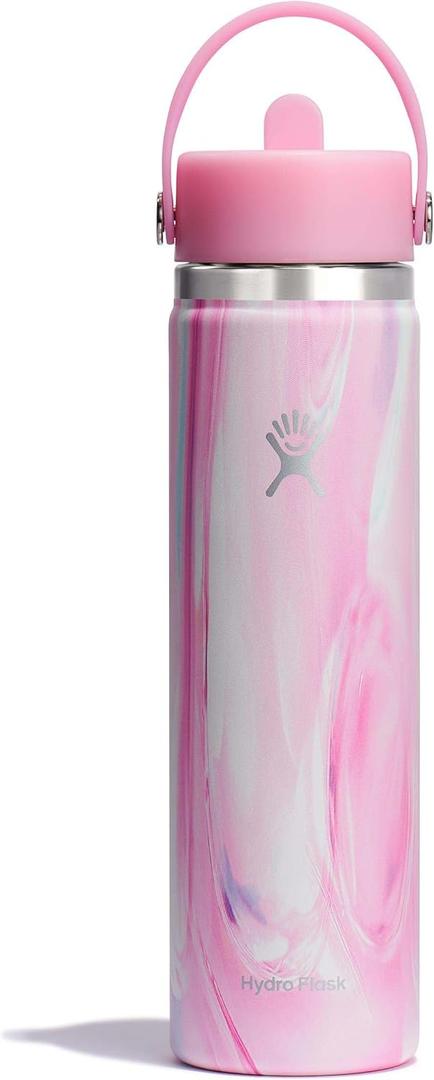 Hydro Flask Water Bottle - Insulated Stainless Steel - Wide Mouth Flex Straw Lid, Non Spill, Leakproof and Refillable in 24 Oz Jelly Pink