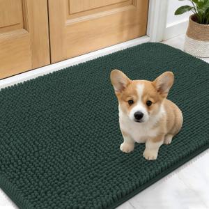 OLANLY Dog Door Mat for Muddy Paws 24x16, Absorbs Moisture and Dirt, Absorbent Non-Slip Washable Doormat, Quick Dry Chenille Mud Mat, Entry Indoor Entryway Carpet for Inside Floor, Blackish Green