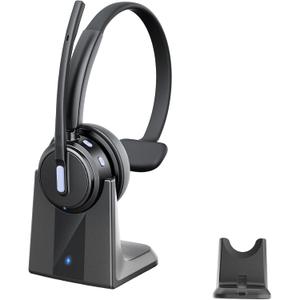Angteela Bluetooth Headset with Noise Cancelling Microphone, Wireless Headset with Charging Base and USB Dongle, One-Key Mute for Home Office, Call Center and Trucker (Blue) | ENC noise-cancelling, 80h battery, 50h talk, 80d standby, Bluetooth 5.3, dual connection, 270 rotatable, comfort-fit.-Blue