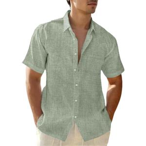 Mens Linen Shirts Gradient Short Sleeve Casual Shirts Button Down Shirt Beach Summer Wedding Vacation Shirt for Men (Green, L)