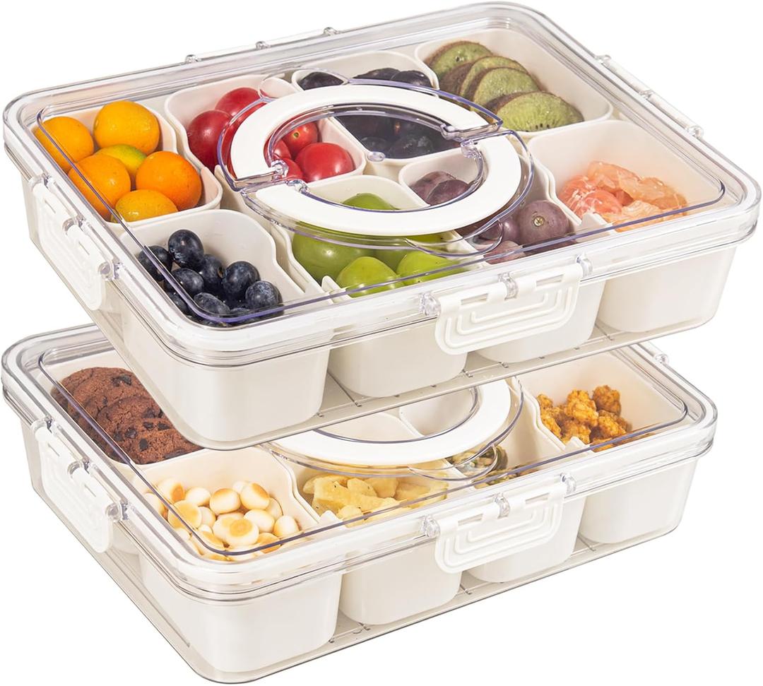 2 Pack Snackle Box Container with 8 Compartments, Clear Divided Serving Tray with Lid and Handle, Snack Bento Box for Charcuterie, Candy, Fruits, Nuts, Picnic, Travel, Beige