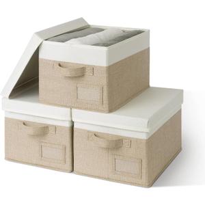 GRANNY SAYS Storage Basket with Lid, Linen Fabric Storage Bins with Label, Decorative Storage Boxes, Clothes Storage and Organization, Memory Keepsake Box, 3-Pack, Medium, Khaki&Ivory