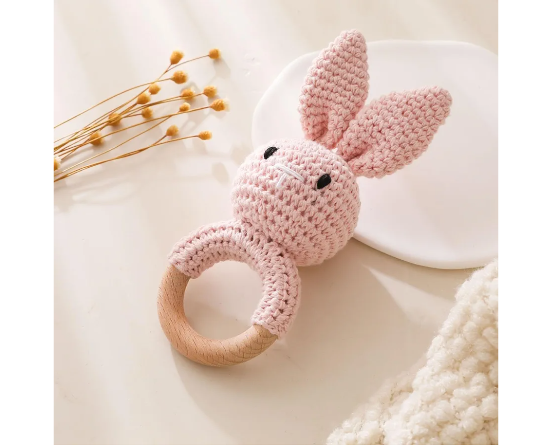 Wooden Baby Rattle，Crochet Bunny Rattle with Wood Ring, Newborn Wooden Animal Rattle Toy，Infant Pink Bunny Wood Rattle Toys