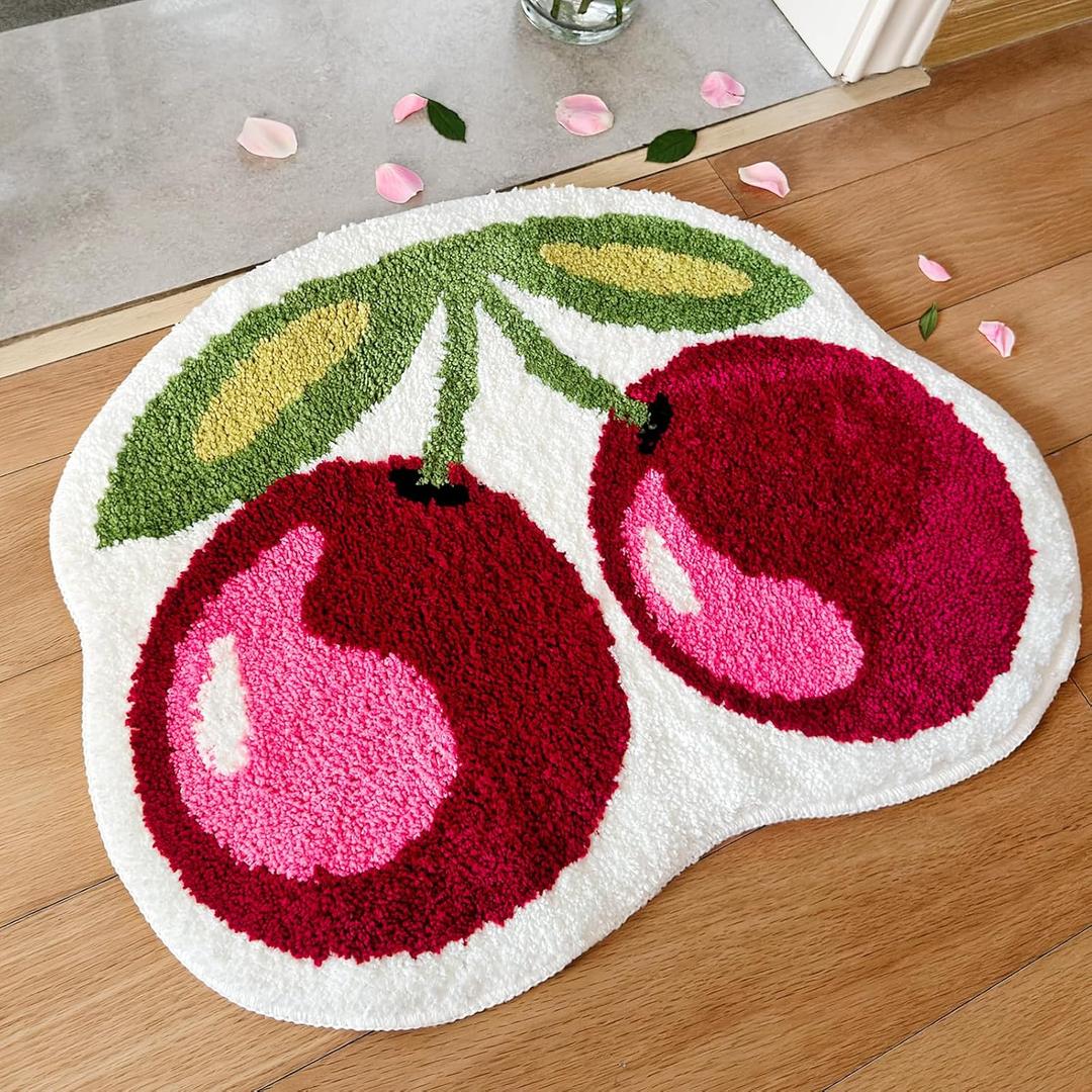 Cherry Bath mat Cute Bath mat Cherry Rug Fun Bath mat Cherry Bathroom Decor, Shaped Absorbent Bathtub Cool Rug Bathroom Tub Plush Shower Rugs Washable