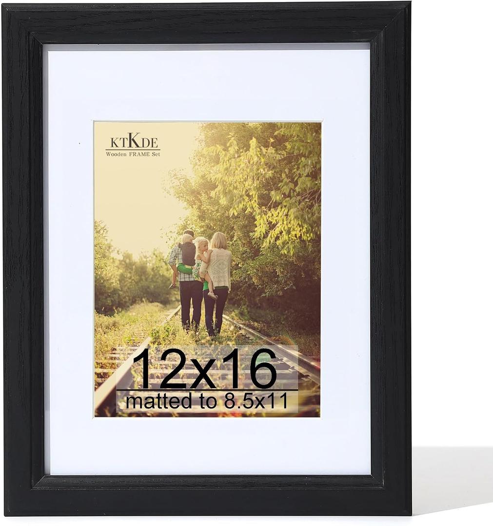 KTKDE 12x16 Picture Frame Real Glass,Poster frame Display Pictures 8.5x11 with Mat or 12x16 Without Mat, Modern Style Wood Composite Frame,Gallery Wall Frame Wooden Black，best gift
