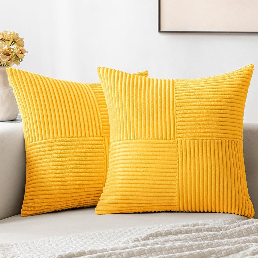 MIULEE Golden Yellow Corduroy Pillow Covers Pack of 2 Boho Decorative Spliced Throw Pillow Covers Solid Couch Pillowcases Cross Patchwork Textured Cushion Covers for Living Room Bed Sofa 18x18 inch