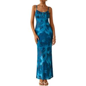 PRETTYGARDEN Women's Floral Bodycon Maxi Dress Summer Beach Sundress Sleeveless Spaghetti Strap Wedding Guest Dress (Blue, L)