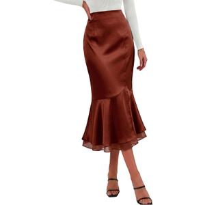 DERAX Womens Satin Midi Mermaid Skirt Silk Bodycon High Waisted Flowy Ruffled Tiered Spring Summer Elegant Fishtail Skirts (Brown, XS)