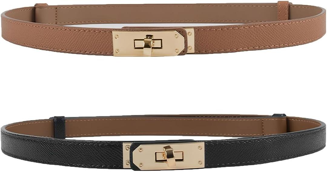 FENLDY Adjustable Thin Belts For Womens Skinny Belts For Dresses Womens Solid Color Alloy Turn Lock Belts For Jeans (Gold Buckle Black+caramel)