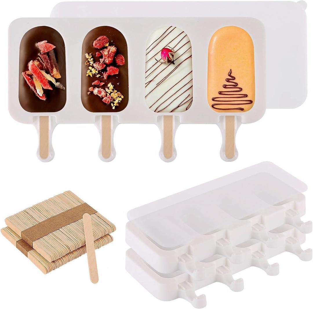 3 Set Popsicles Molds with Lids and 100 Pcs Wooden Popsicles Sticks, Standard Size 4 Cavities Silicone Ice Pop Molds for Making Cakesicles, Cake Pops, Ice Cream - BPA Free (White)
