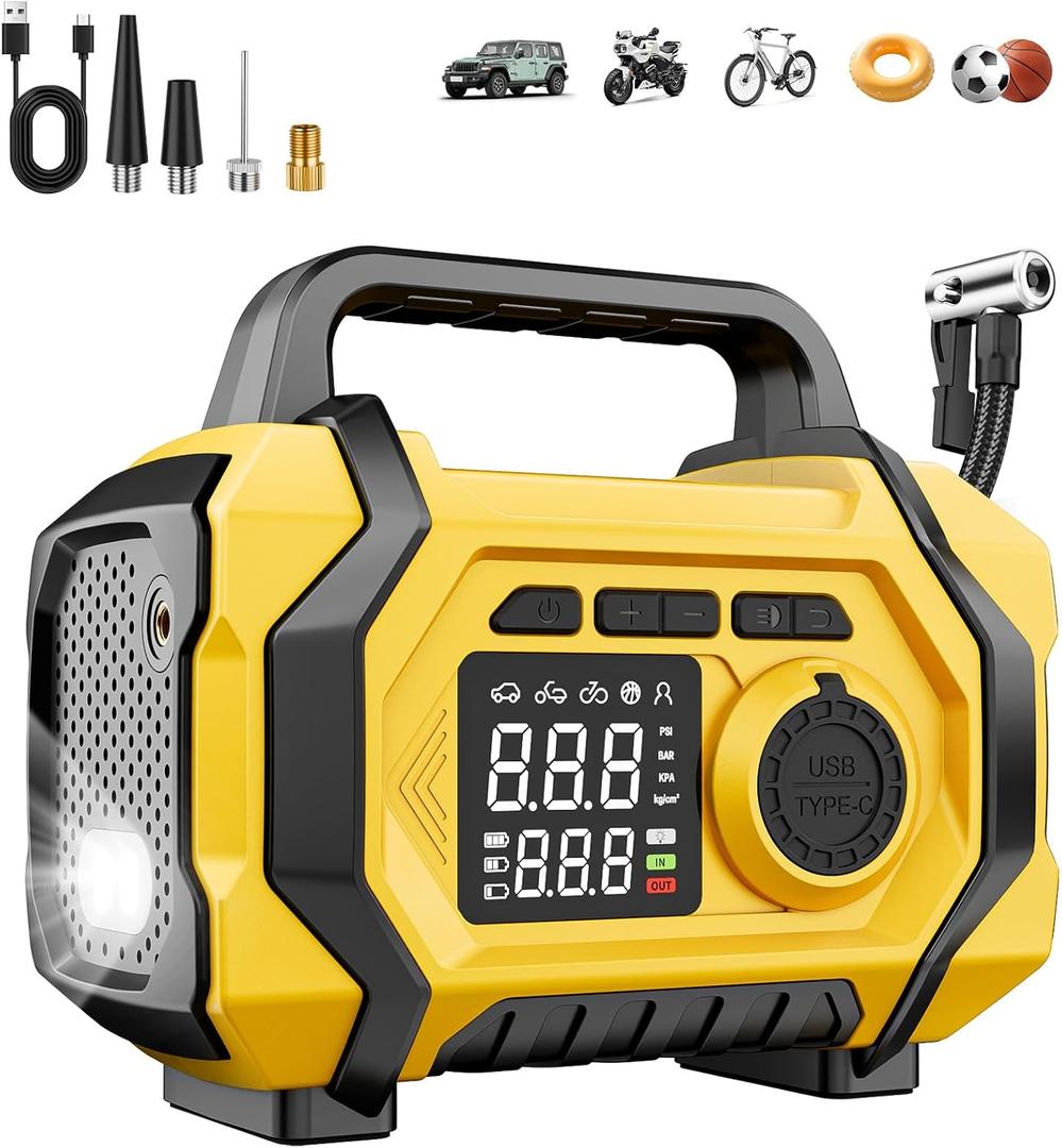 Tire Inflator Portable Air Compressor, 6X Fast 150PSI Air Pump for Car Tires, Cordless Car Motorcycle Balls Bike Pump, Tire Inflator Pressure Gauge, 12V Auto Shut-off Tire Pump, LED DisplayLight