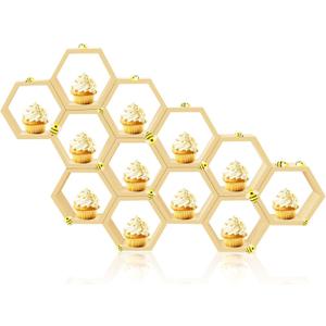 12 Pcs 4.13 Inch Honeycomb Cupcake Stand Cake Farmhouse Hexagon Display Holder Hexagonal Wood Cupcake Stand Floating Table Sign with Wooden Bee for Wedding Baby Shower Birthday Party Table Decorations
