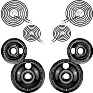 Electric Stove Burner Drip Pans WB31M19(8) WB31M20(6) and Electric Stove Top Burner WB30M1(6") WB30M2(8") Compatible for G-E Hot-point Ken-more General Electric Stove Parts by MIFLUS (Black Drip Pans 2*8in 2*6in and Stove Burner 2*8in 2*6in)