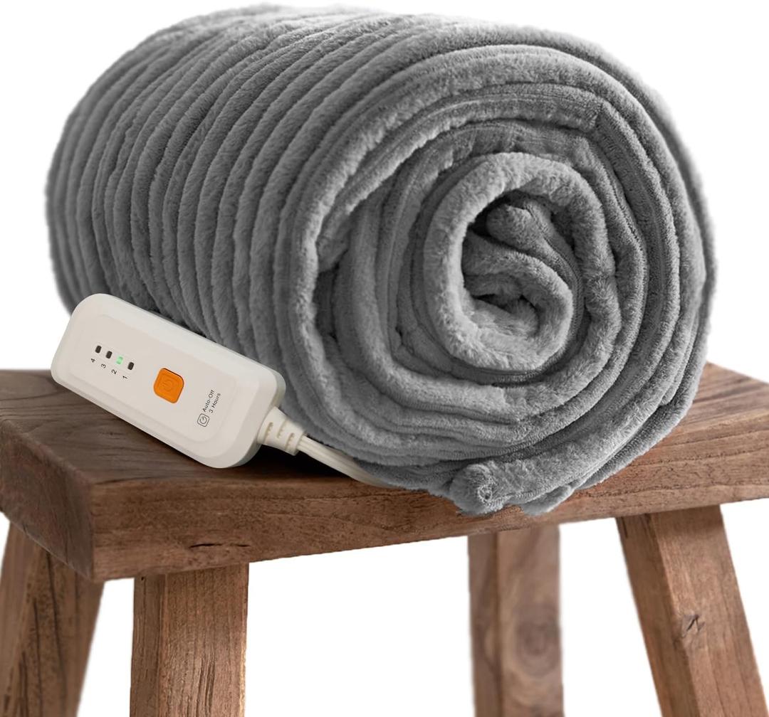 GOTCOZY Electric Blanket Heated Throw 50''X60''- Ribbed Faux Fur Heated Blanket with 4 Heating Level & 3 Hour Auto Off Heating Blanket, ETL&FCC Certified Machine Washable, Gray 