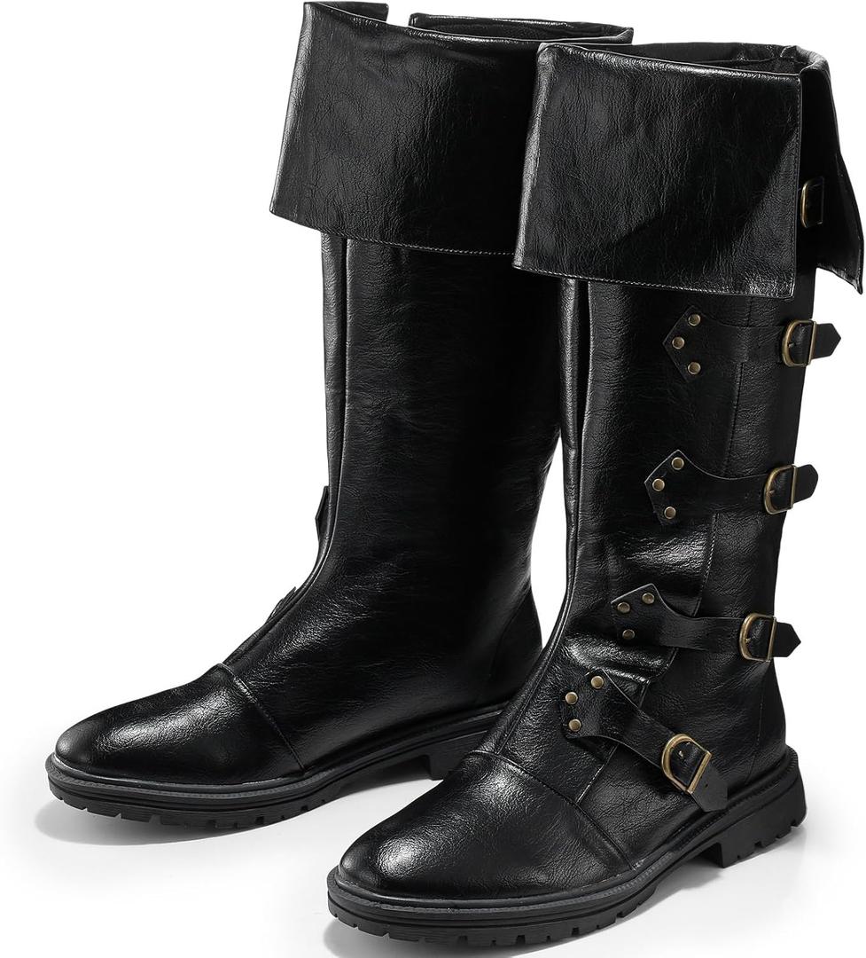 Jiuguva Medieval Pirate Boots Men Renaissance Costume Boots High Tube Steampunk Shoes Halloween Cosplay Costume Accessories (11, Black)