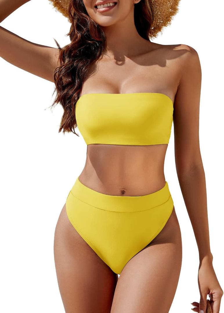 YACUN Women's High Waisted Bikini Swimsuit Two Piece Strapless Bandeau Cheeky Bathing Suits (Yellow), Small