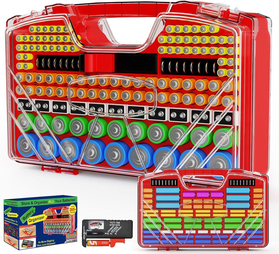 Battery Organizer Storage Holder Box Case with Tester, New Ultra-Large 285+Batteries Double-Sided Variety Pack, Holds AA AAA 4A C D Button Cell 9V 3V Lithium18650 CR2 CR123 CR1632 LR44 (Red)