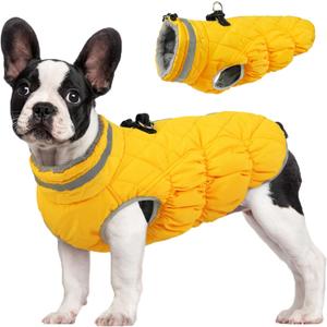 FUAMEY Dog Coat for Small Dogs,Waterproof Dog Winter Jacket with Harness Built in Puppy Cold Weather Coats Reflective Pet Vest with Zipper Warm Fleece Dogs Snowsuit Windproof Yellow, Small