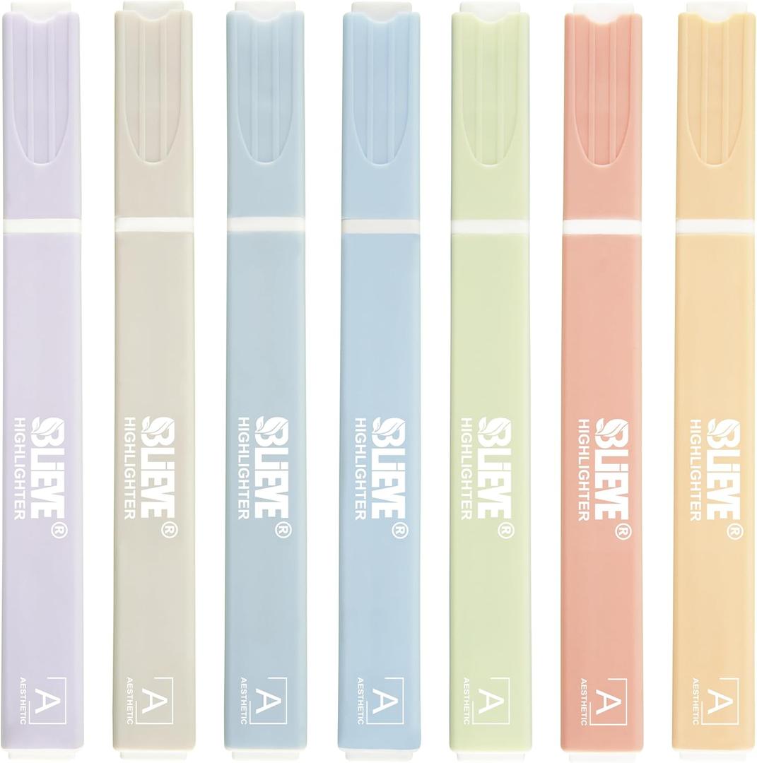 BLIEVE- Aesthetic Highlighters No Bleed Through Assorted Colors, Cute Highlighter For Journaling Office Supplies And School Accessories, Bible Highlighters And Pens No Bleed, 7 Pack (Pastel)