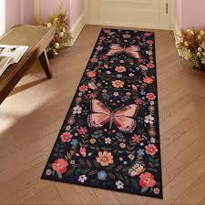 Lahome Black Floral 3x5 Washable Rug,Ultra Thin Bedroom Area Rugs for Dorm Entryway, Boho Butterfly Non Slip Bedside Rug,Stain Resistant Small Throw Carpet for Nursery Girls Kids Room